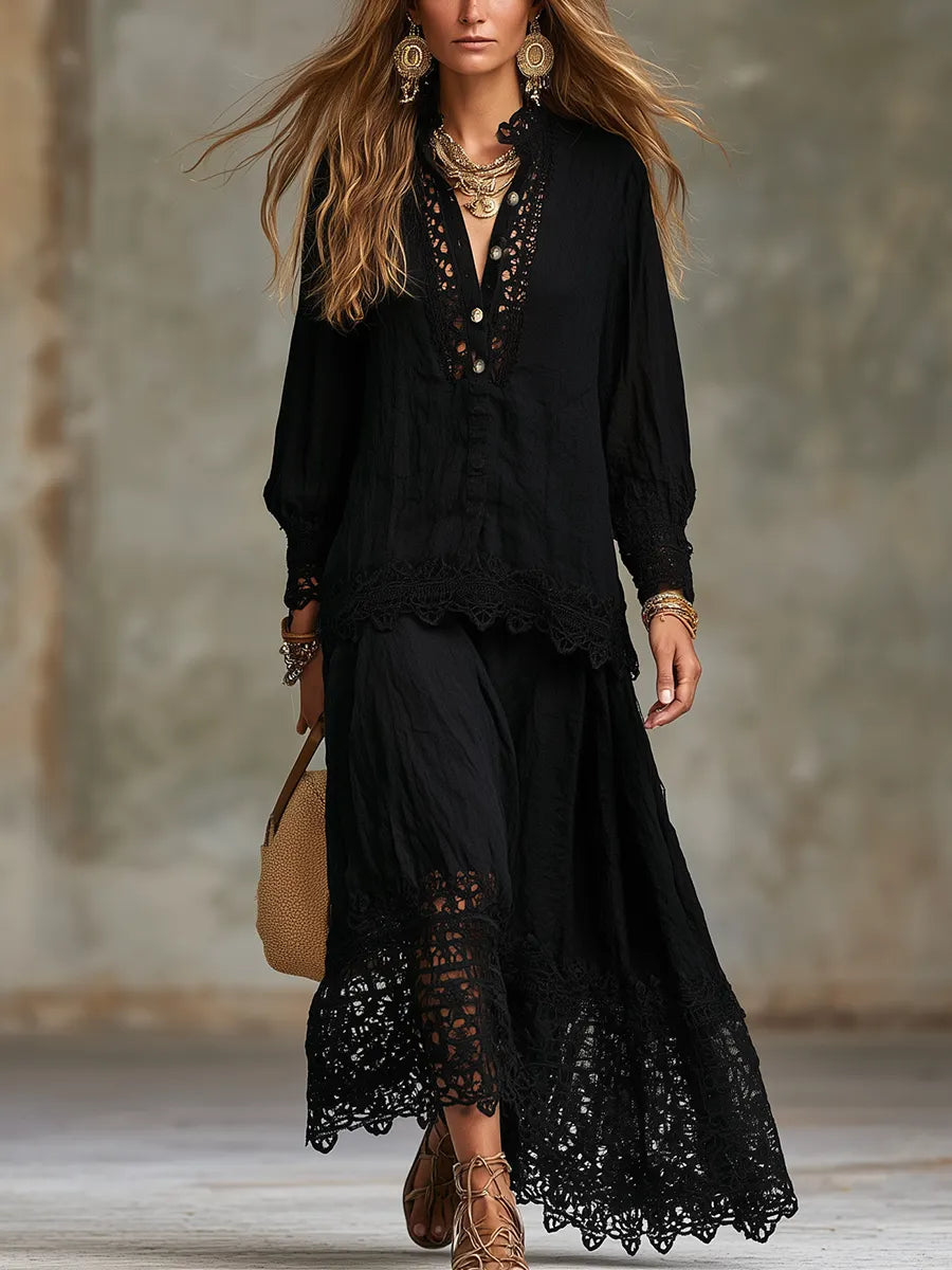Bohemian Black Lace Shirt and Skirt Set