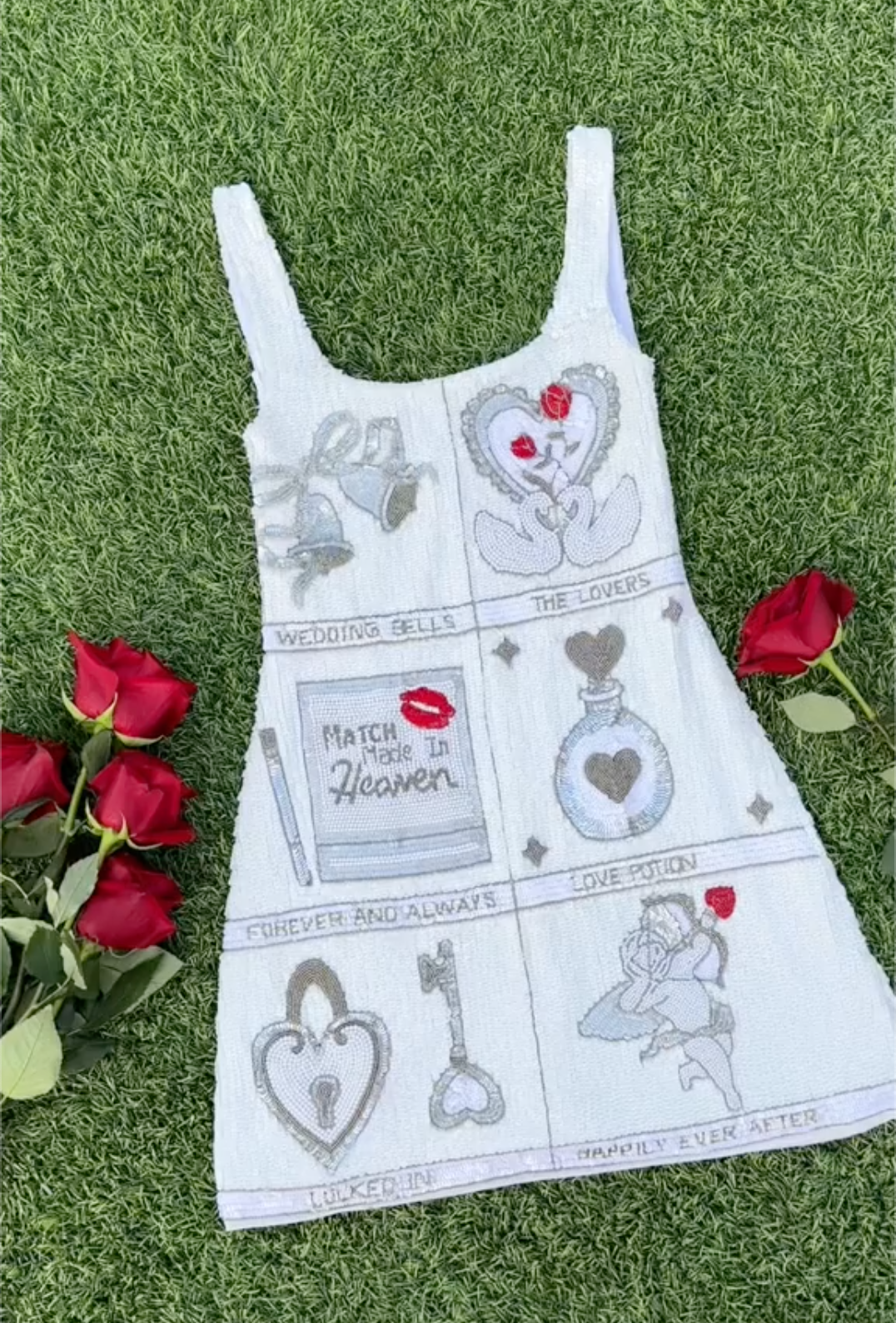 White Sequin Tarot Love Themed Mini Dress