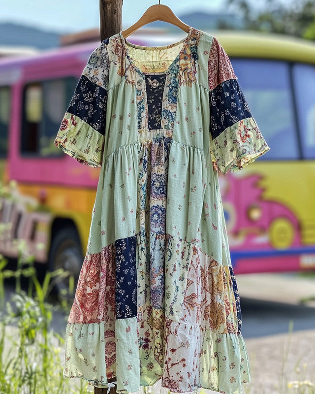 Summer vacation loose patchwork cotton and linen dress 0649
