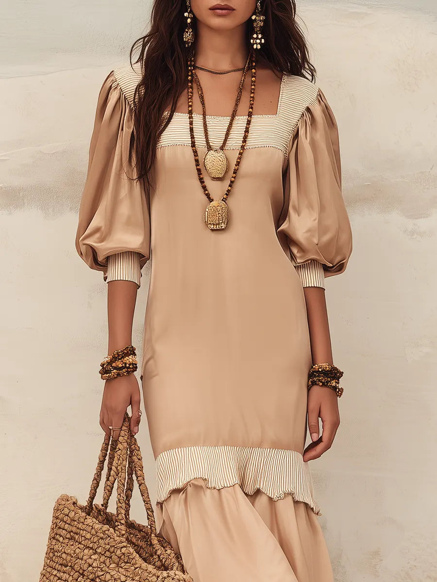 Flowy Nude Ruffled Dress With Puff Sleeves — An Elegant With Effortless Feminine Style  Maxi Dress