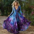Women's Vintage Purple Rose Art Pattern Gradient Long Sleeve Dress