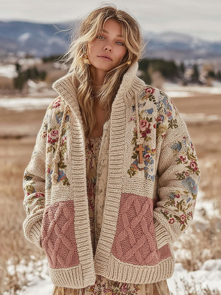 Women's Vintage Floral Patchwork Cozy Stand Collar Knit Sweater
