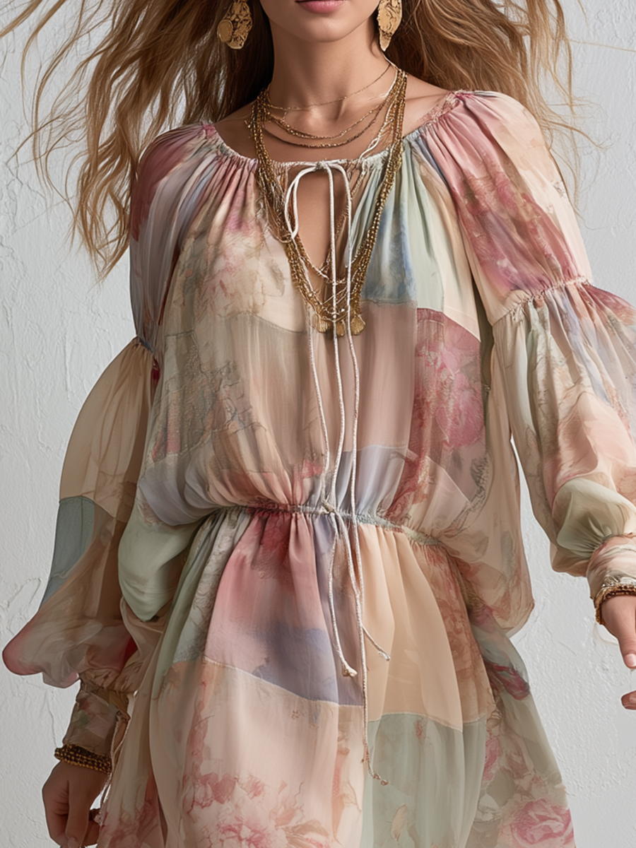 Romantic  Floral Waist Puff Sleeve Chiffon Mini Dress