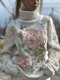 Women's Pink Floral Three-dimensional Embroidered Turtleneck Sweater