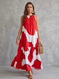 Tiered Split-Joint Printed Elasticity Contrast Color Sleeveless Loose Round-neck Maxi Dresses