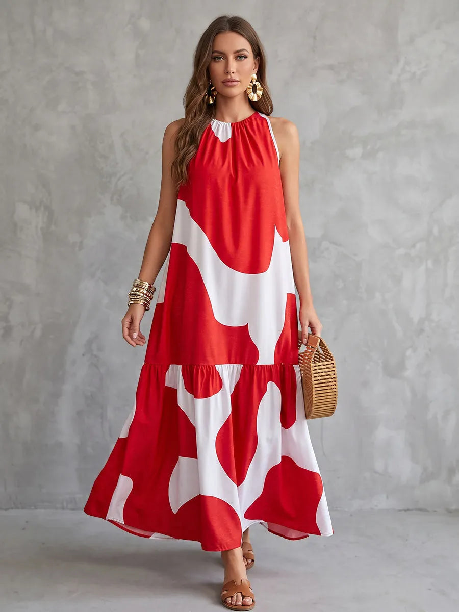 Tiered Split-Joint Printed Elasticity Contrast Color Sleeveless Loose Round-neck Maxi Dresses