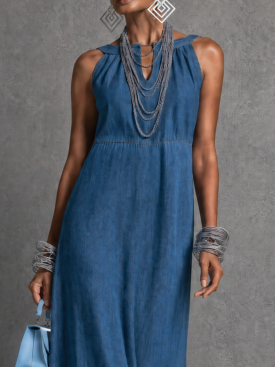 Vacation-to-Dinner Sleeveless Denim Tulle Midi Dress