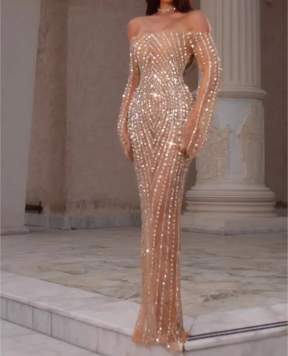 Off Shoulder Long Sleeve Chevron Rhinestone Sheer Mermaid Evening Gown, Nude Champagne Bodycon Formal Maxi Dress