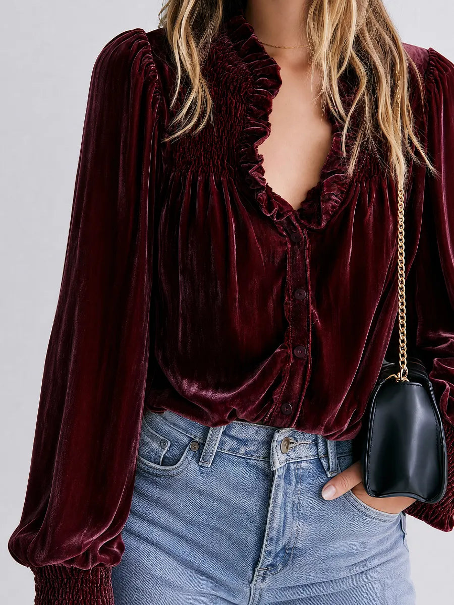Boho Luxe Button Front Velvet Balloon Sleeve Top