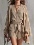 Effortless Sand Wrap Knit Short Set