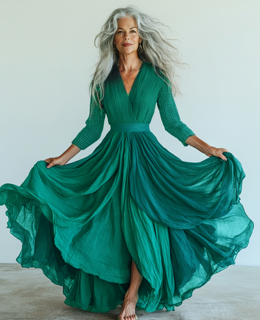 Vintage loose color contrast green color swing dress  e98eQu