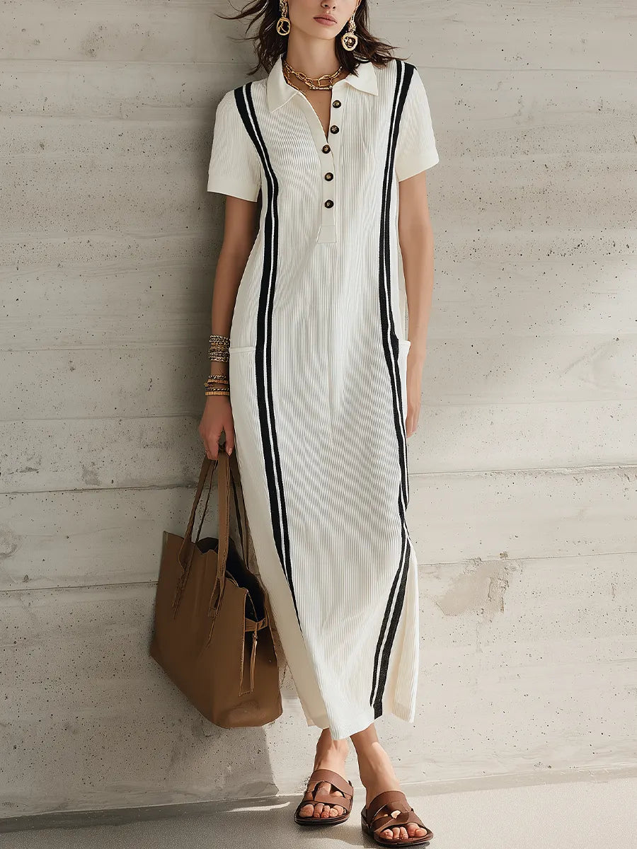 Elegant White Stripe Pleated Polo Maxi Dress