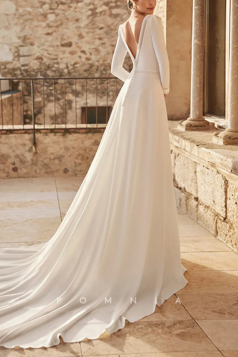 P3213 - Elegant Scoop Long Sleeves Mermaid Pleated Satin Beach Wedding Dress