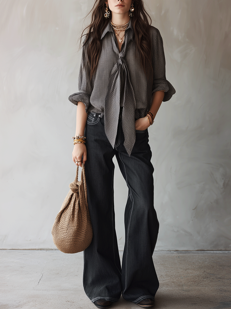 Effortless Chic Chiffon Micro-Check Tie-Front Black & White Blouse