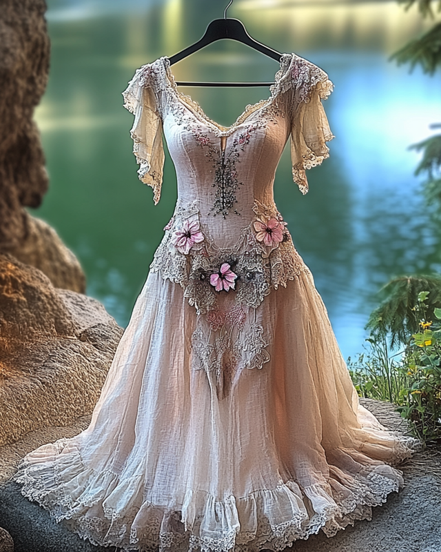 Summer Irregular Lace Patchwork BeadedRuffle Dress 349e