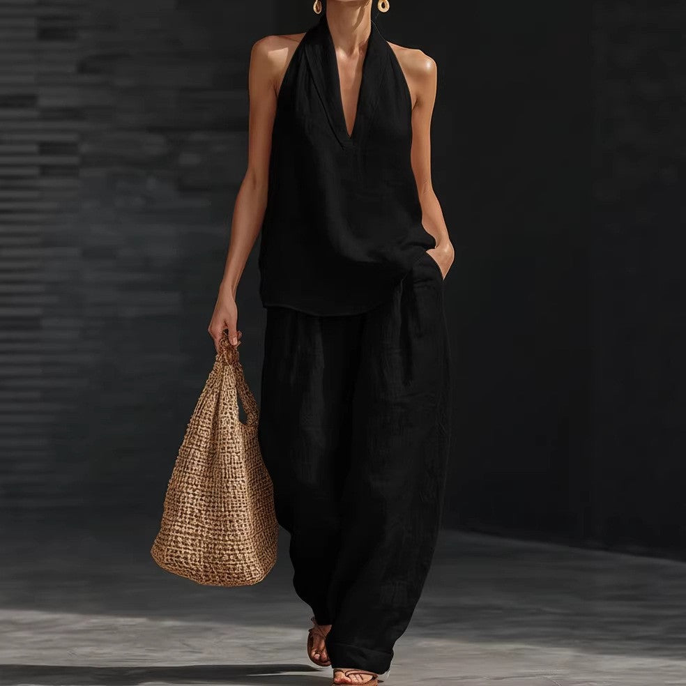 Boho Linen-Look Halter Set - Sleeveless V-Neck Top & Flowy Wide-Leg Pants Two-Piece Suite