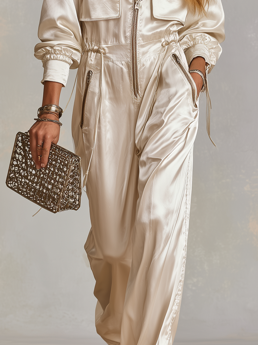 Bohemian White Satin Practical Pocket Zip-up Jumpsuit