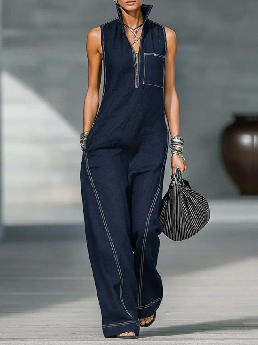 Modern Stand-Collar Denim Jumpsuit - Sleeveless Half-Zip Wide Leg One-Piece Romper