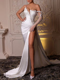 Asymmetric Off-The-Shoulder Lace See-Through Split-Side Wedding Maxi Dress