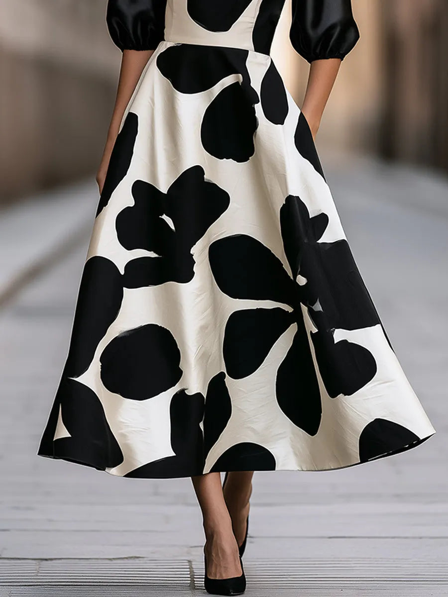 Black And Ivory Abstract Floral Puff Sleeve Maxi Dress