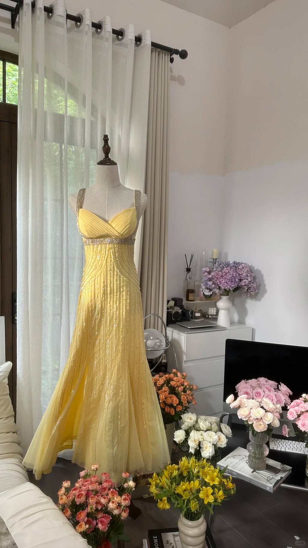 Lit Yellow Gorgeous Shiny Fashion Elegant Exquisite Beaded Long Tulle Backless Fairy Ball Gown Evening Dress Birthday/Wedding Guest/Holiday Party Dress Prom Dress Valentine's Day Date Dress