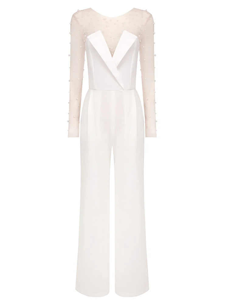 Trend4us Pearl Mesh Bodysuit and White Jumpsuit Set