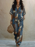 Effortless Boho Abstract Print Two-Piece Blue Brown Set