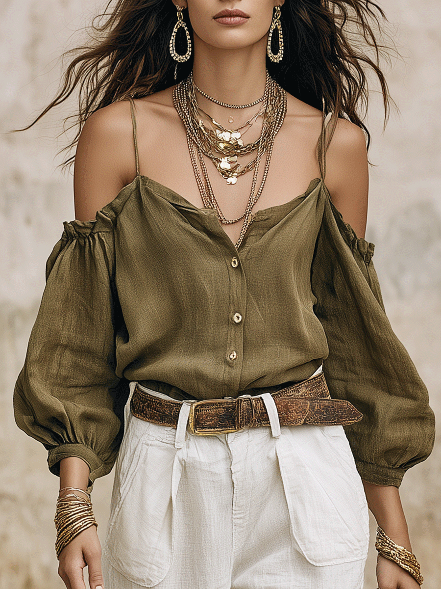 Effortless Boho Off-Shoulder Olive Top & White Pants Set