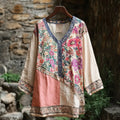 Women's Retro Tribal Floral Stitching Cotton And Linen Long Sleeve Shirt cdbf