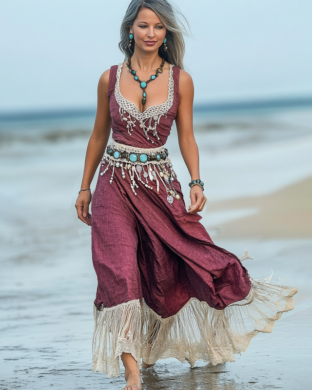 Summer Vacation Seaside Turquoise Beaded Linen Dress 9fed