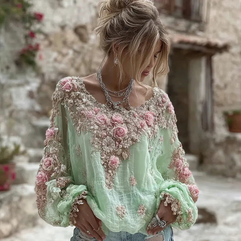Women's Vintage Pink Flower Embroidery Art Round Neck Long Sleeve Linen Blend T-shirt