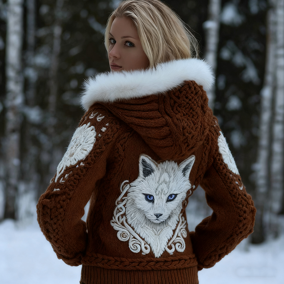 Viking Retro Style Cat Embroidery Pattern Women's Knit Hooded Sweater Jacket