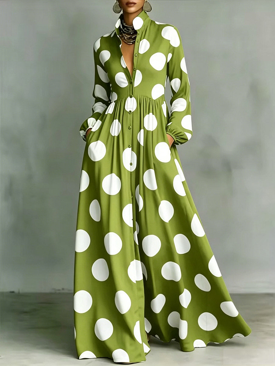 Women's Polka Dot Print Shirt-collar Long-sleeve Casual Loose A-line Dress