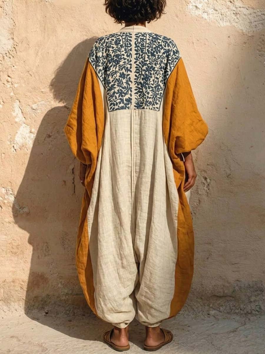 Women's Vintage Art Print V-neck Long Sleeve Cotton Linen Jumpsuit