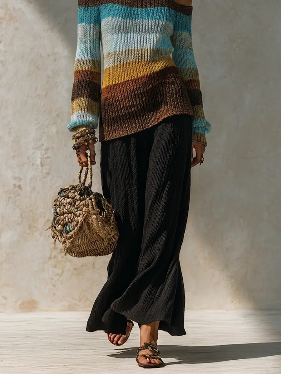 Tummy-Covering Asymmetric Knit Tunic & Palazzo Pants Outfit Set