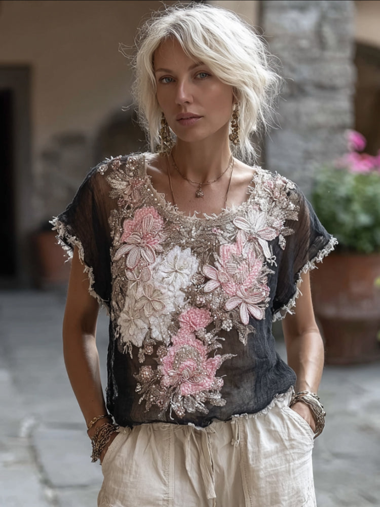 Bohème Style Embroidered Rose Gradient Tie-dye Short-sleeved Round-neck Top