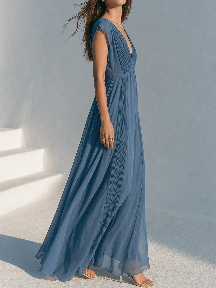 Elegant Resort Chiffon Pleated Deep-V Flowy Dusty Blue Maxi Dress