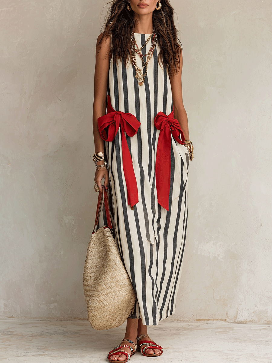 Effortless Resort Linen Vertical-Stripe Contrast-Bow Loose Monochrome Maxi Dress