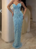 Strapless 3D Floral Beaded Ruffle Mermaid Evening Gown, Light Blue Sweetheart Ruched Sheer Formal Maxi Dress