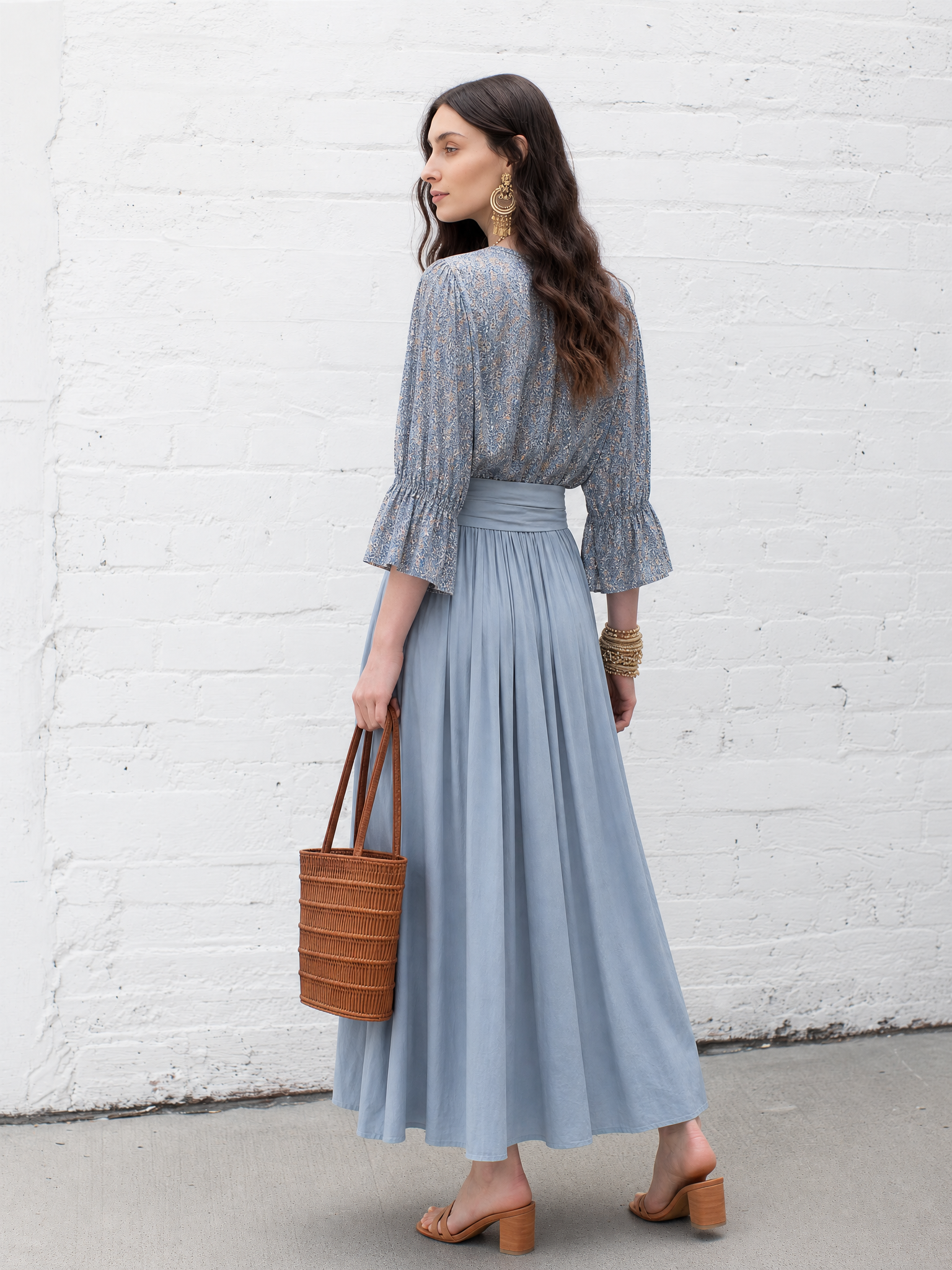 Elegant Dusty Blue Floral Print Blouse &  Skirt Set