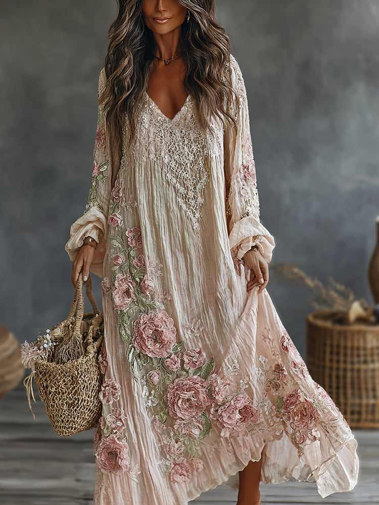 Women's Retro Floral Art Flowy Linen Blend Casual Long Sleeve Maxi Dress