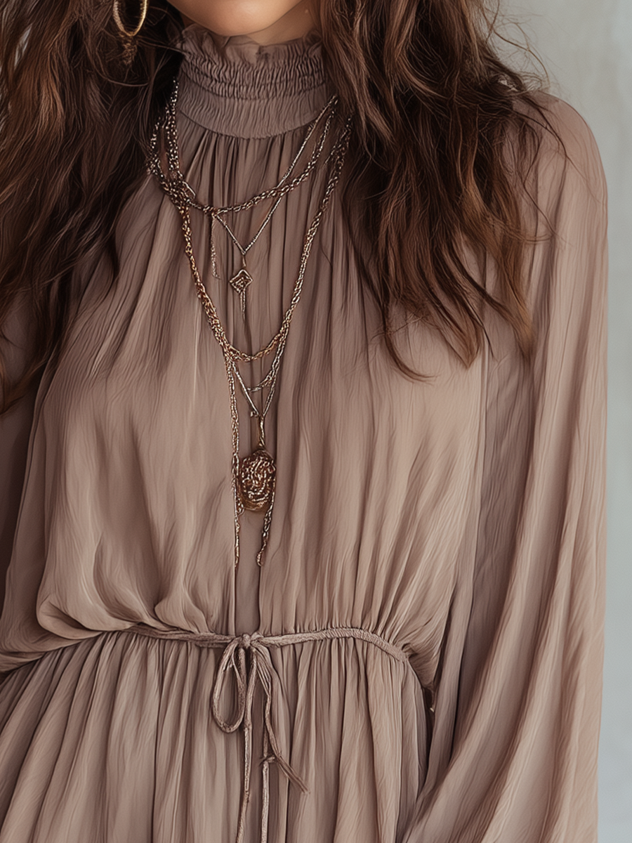 Soft Gathered Waist Long Sleeve Mini Dress
