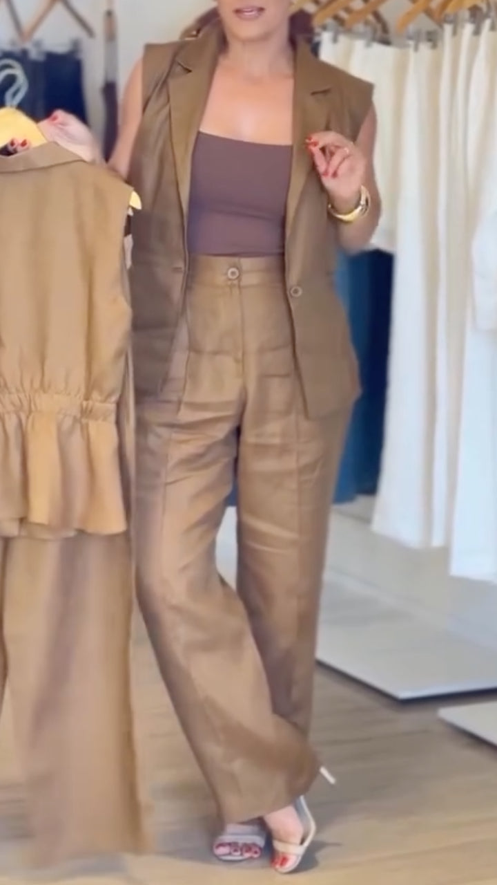 Khaki Sleeveless Blazer Vest Wide Leg Pants Set