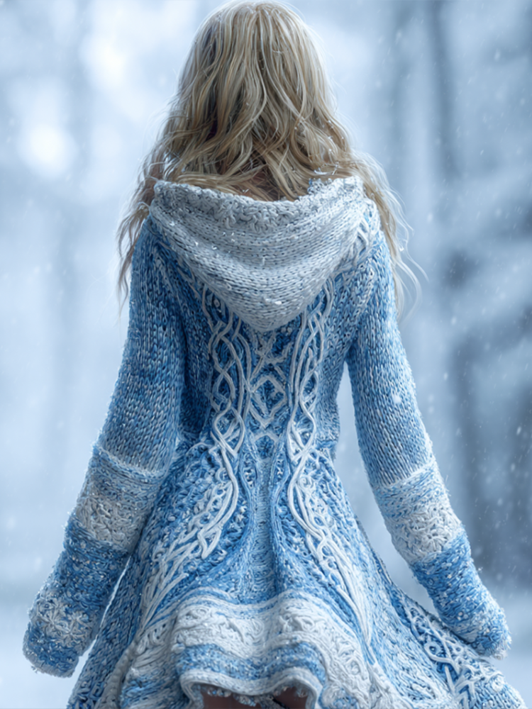 Snow And Ice Christmas Retro Style Women's Knitted Hooded Sweater Dress