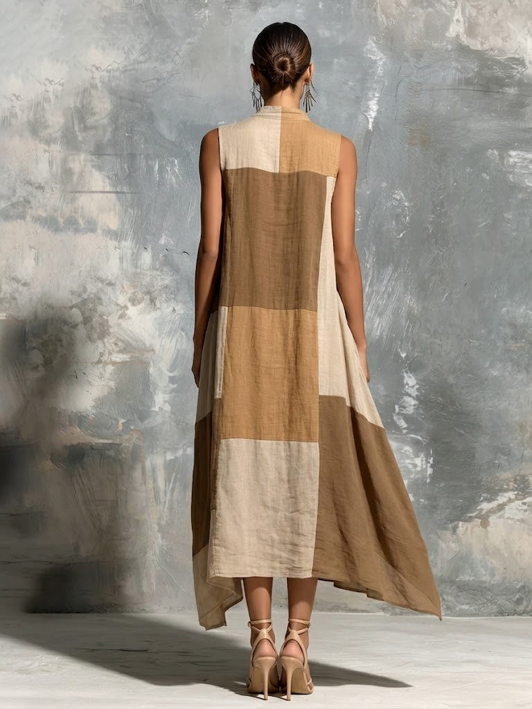 Casual Color-block Sleeveless Linen And Cotton Dress
