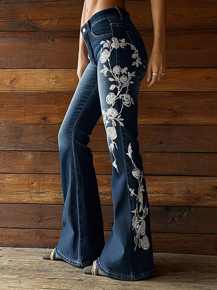 Vintage Bohemian Rose Embroidered Washed Flared Jeans