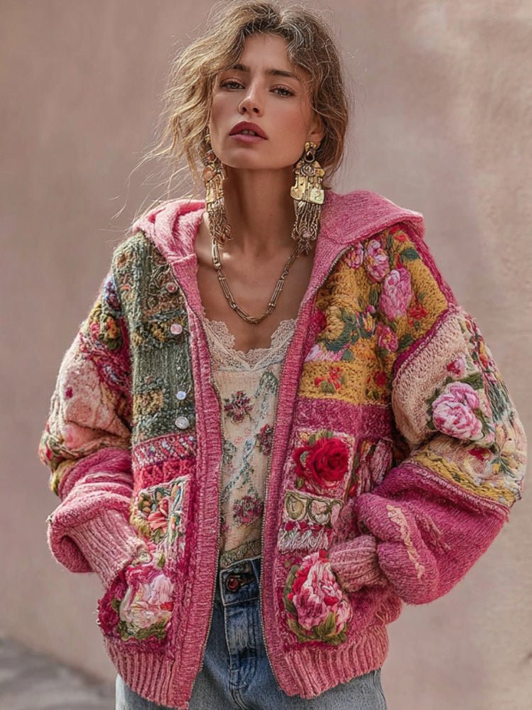 Women's Vintage Bohemian Floral Embroidery Patchwork Art Zipper Knit Hooded Sweater