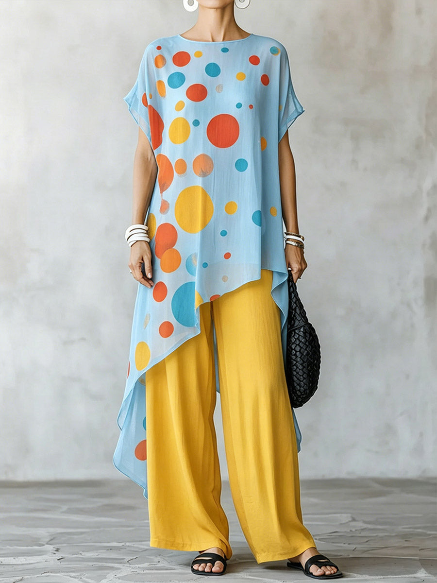 Women's Casual Two-piece Set: Geometric Print Round-neck Short-sleeve Loose Chiffon Top & Solid Color High-waisted Cotton-linen Wide-leg Pants