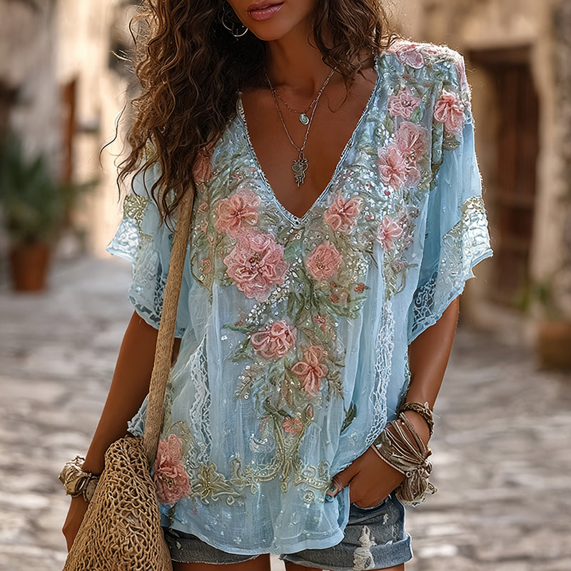 Women's Retro Boho Pink Floral Embroidered Art V-neck Short Sleeve T-shirt