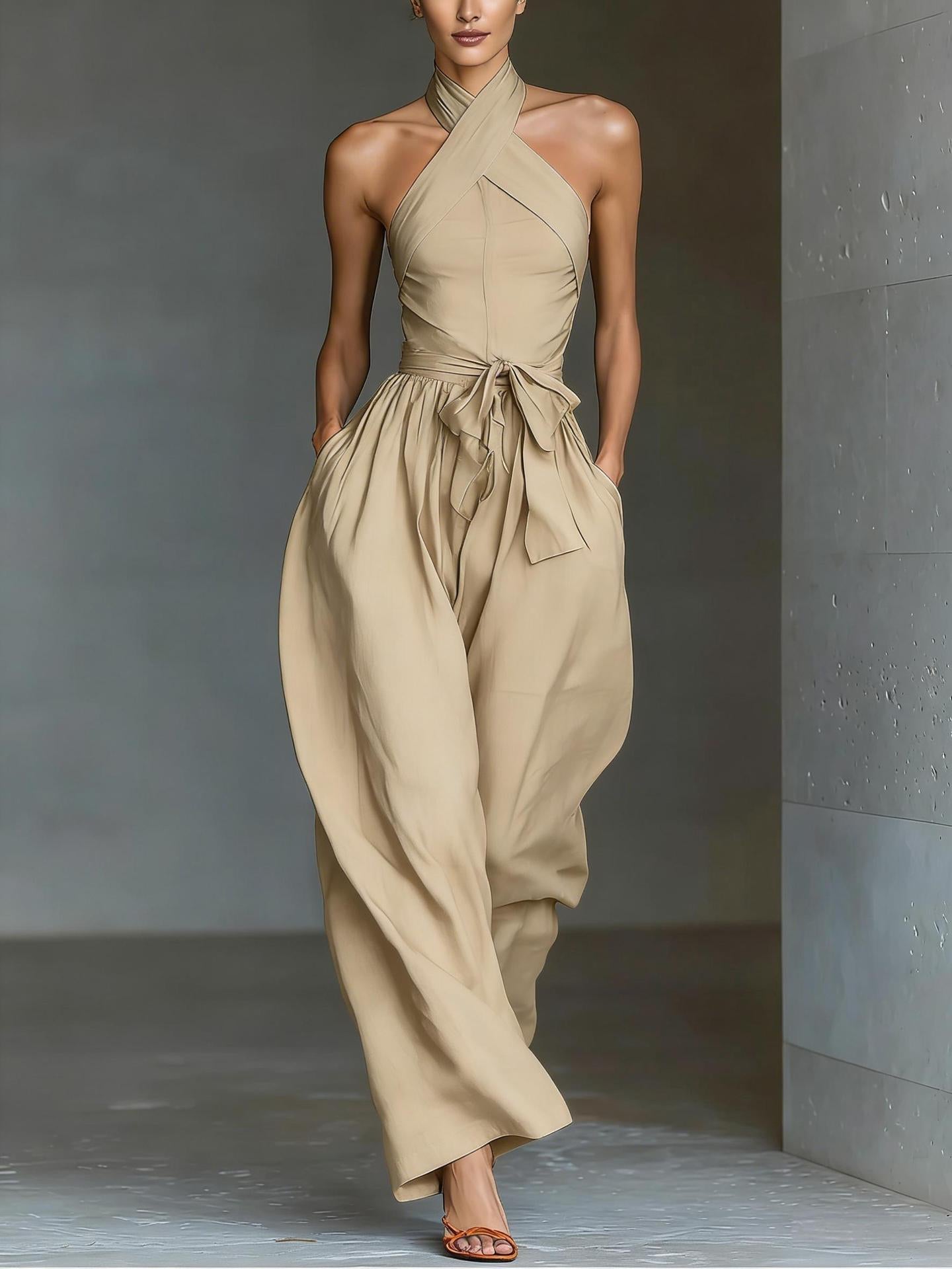 Women's Elegant Cross Halter Jumpsuit - Wide-Leg Backless Tie-Waist Romper for Summer & Vacation